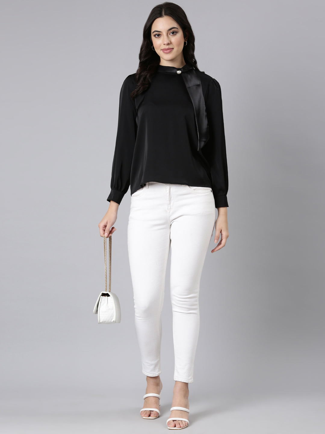 Women's Black High Neck Long Sleeves Satin Top