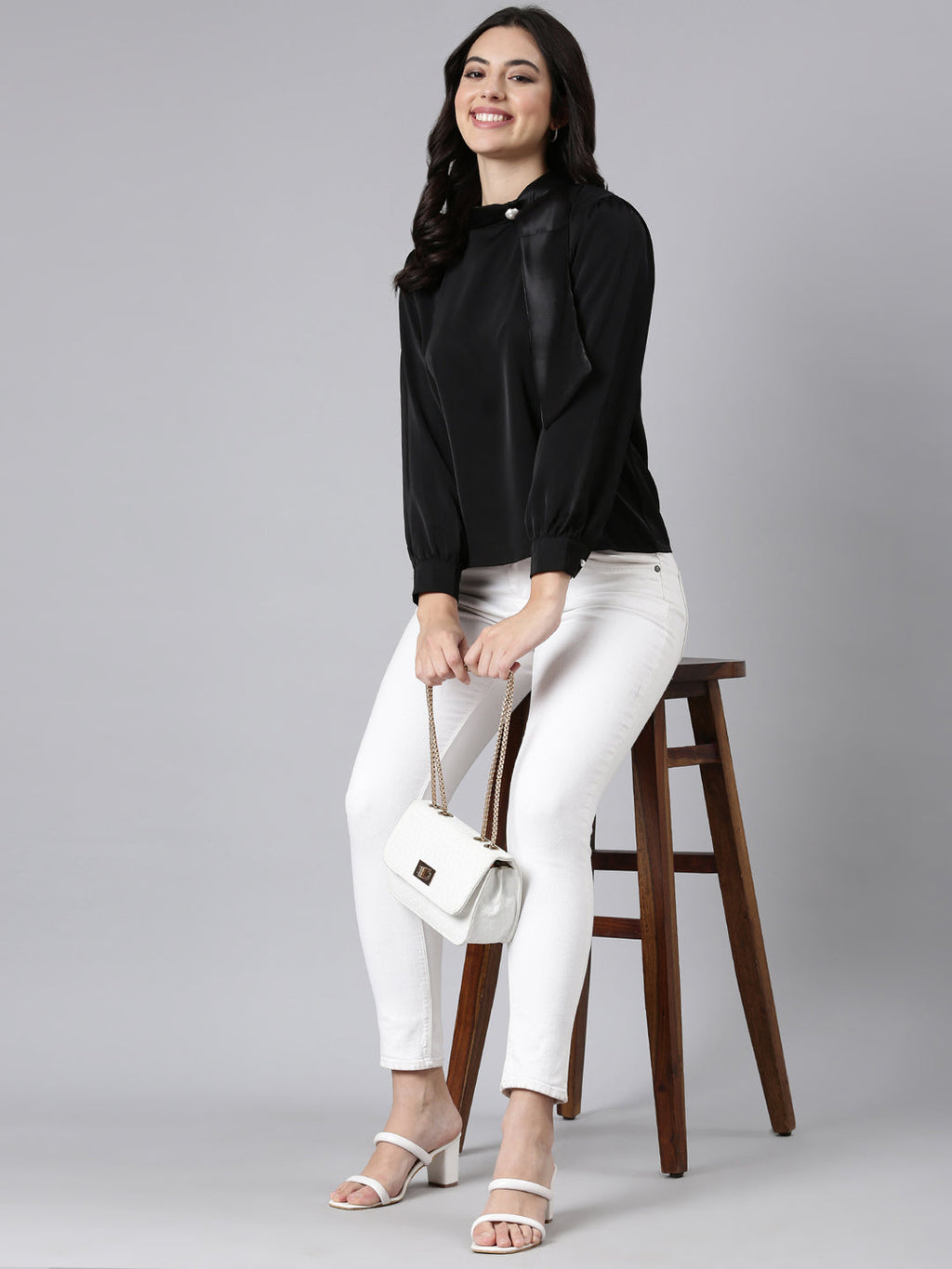 Women's Black High Neck Long Sleeves Satin Top