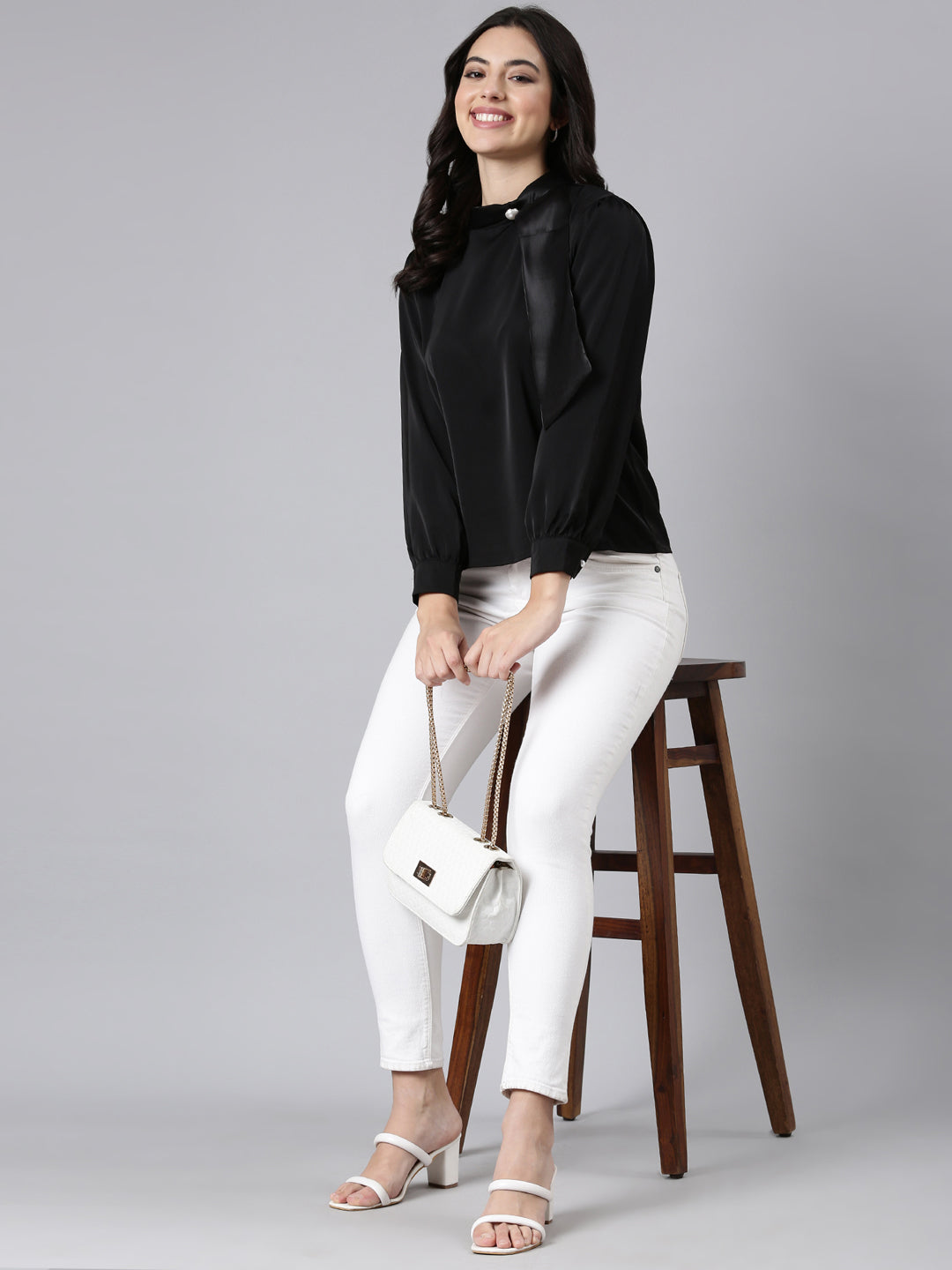 Women's Black High Neck Long Sleeves Satin Top