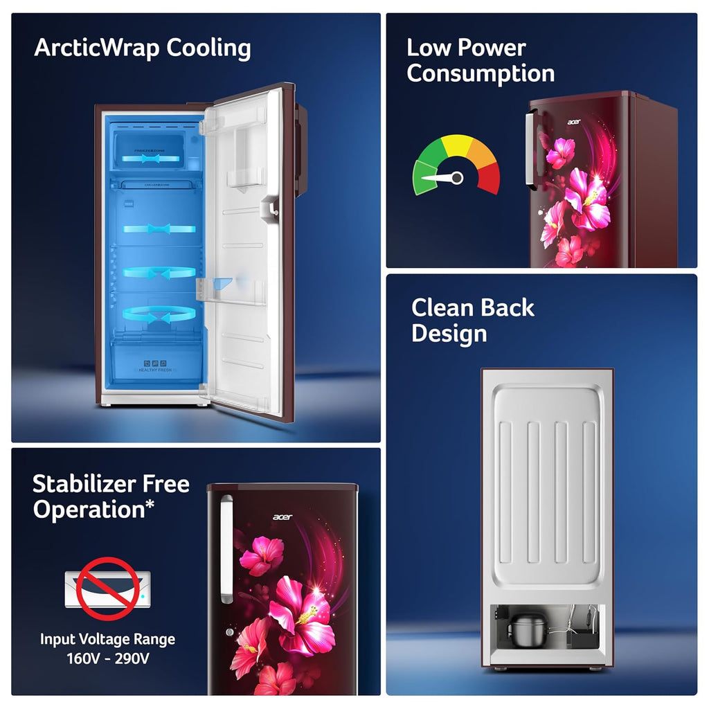 Acer 190L 2 Star Direct-Cool Single Door Refrigerator (AiSense, AR190AD2FWTD, WINE FLOWER TIANA)