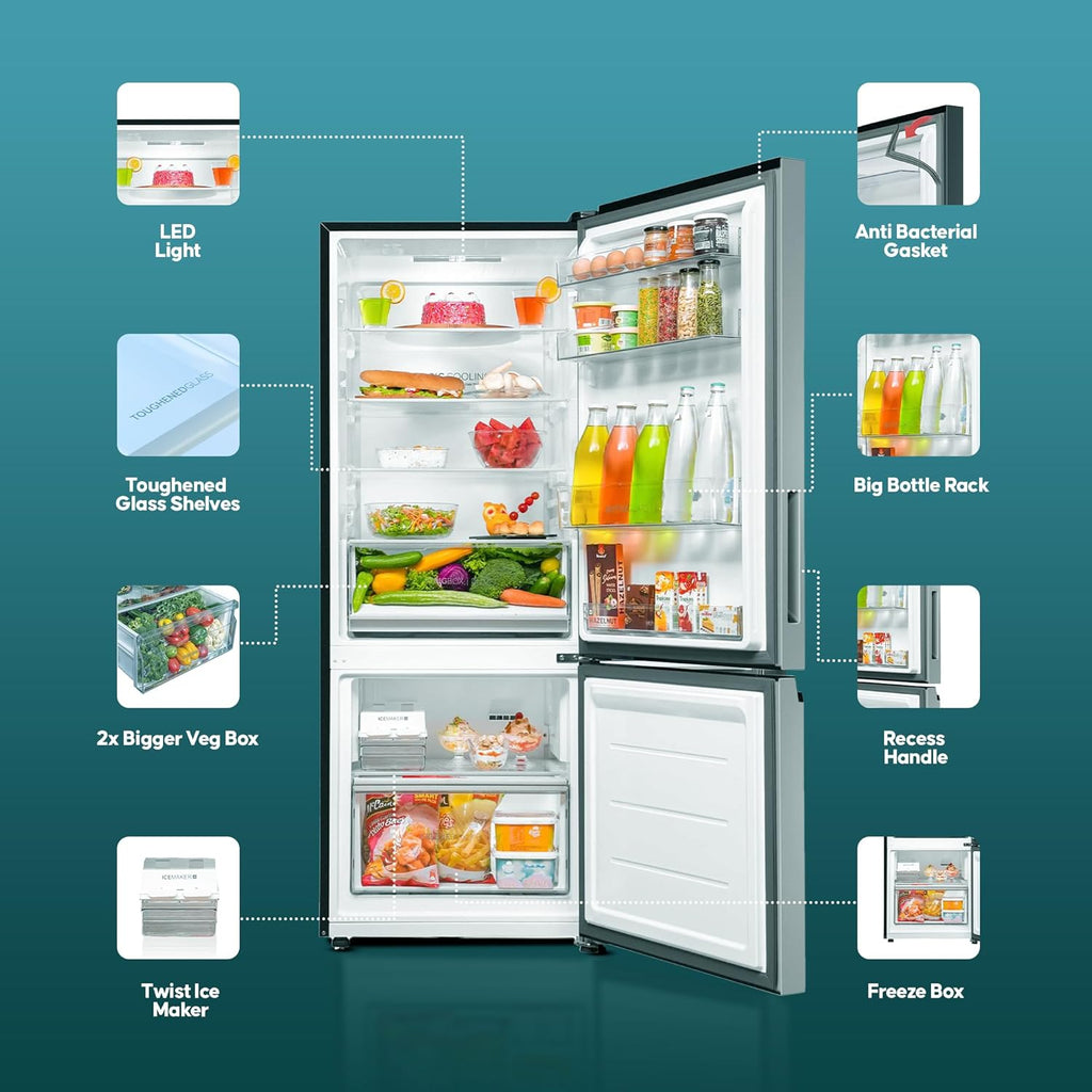 Haier 355 L, 3 Star, Convertible 14-in-1 Triple Inverter & Fan Motor Technology, with Display Frost Free, Bottom Mounted Double Door Refrigerator (HEB-363TS-P, Inox Steel)