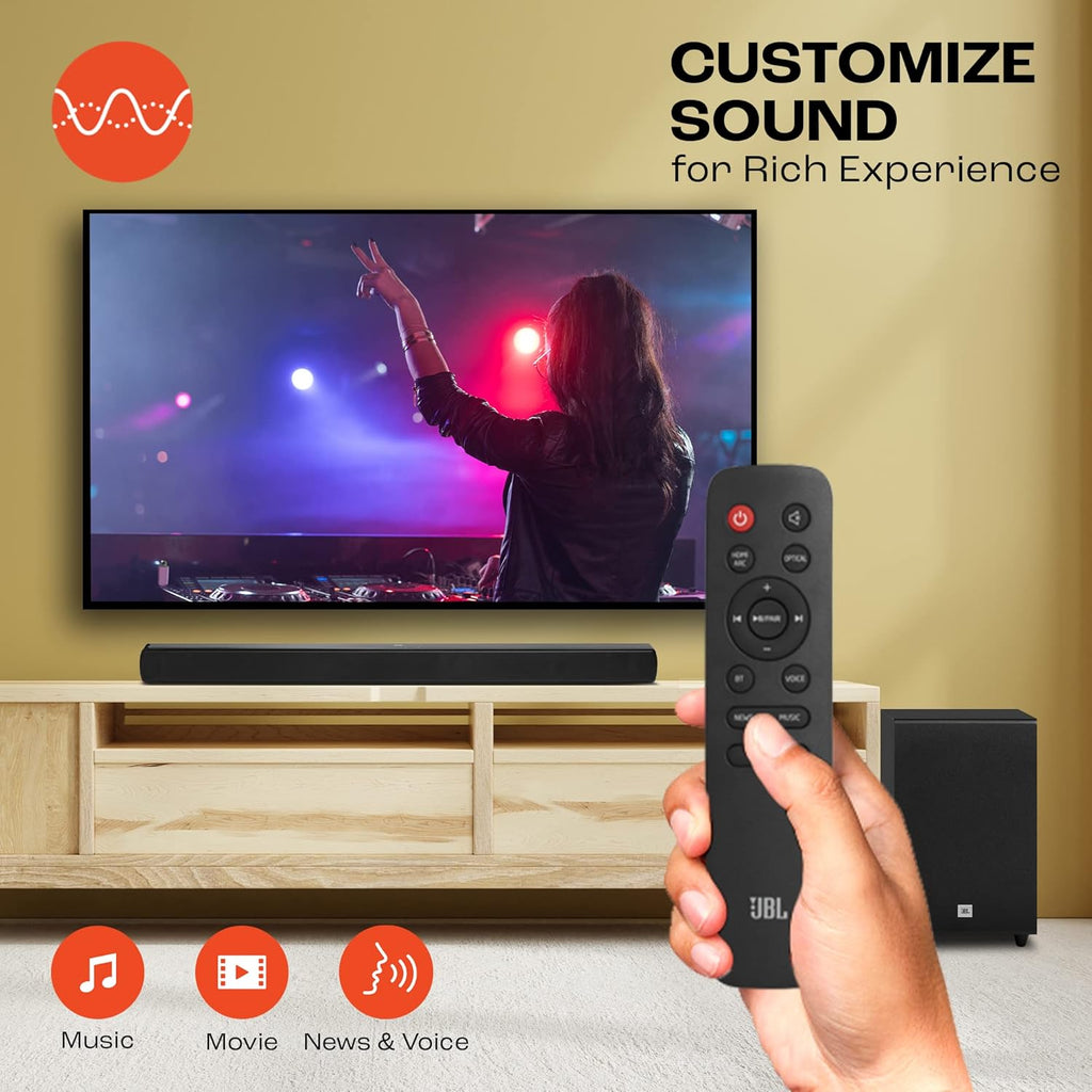 JBL Cinema SB271, Dolby Digital Soundbar with Wireless Subwoofer for Extra Deep Bass, 2.1 Channel Home Theatre with Remote, HDMI ARC, Bluetooth & Optical Connectivity (220W)
