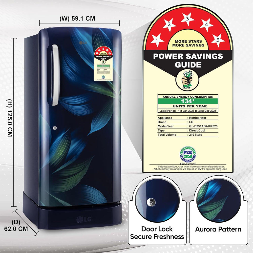 LG 210 L, 5 Star, Direct Cool, Smart Inverter Compressor, Single Door Refrigerator(GL-D231ABAU)