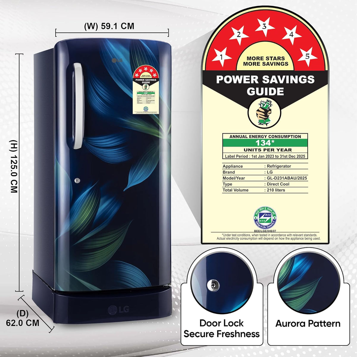 LG 210 L, 5 Star, Direct Cool, Smart Inverter Compressor, Single Door Refrigerator(GL-D231ABAU)