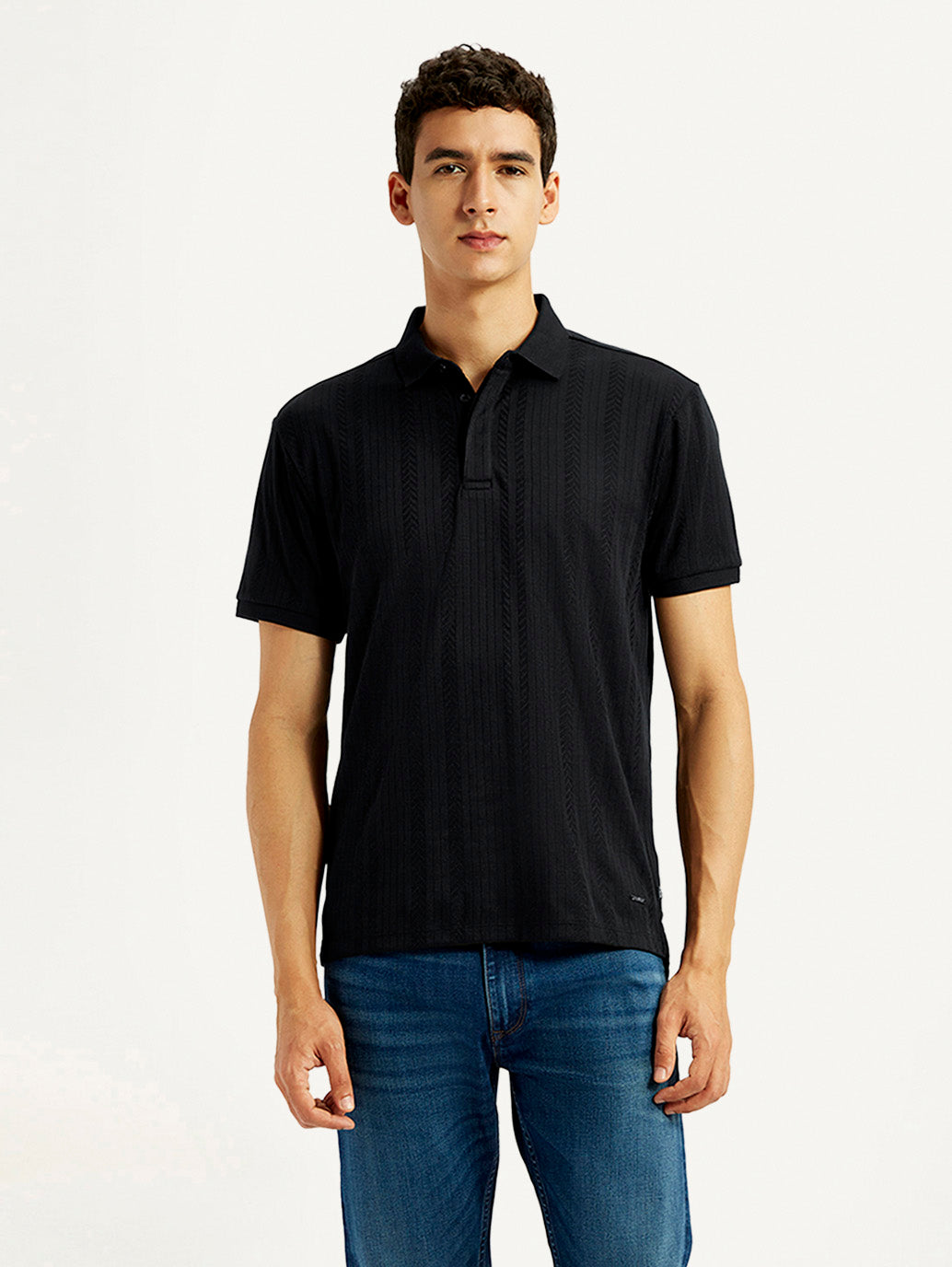 Men's Redloop Self Design Black Slim Fit Polo T-shirt