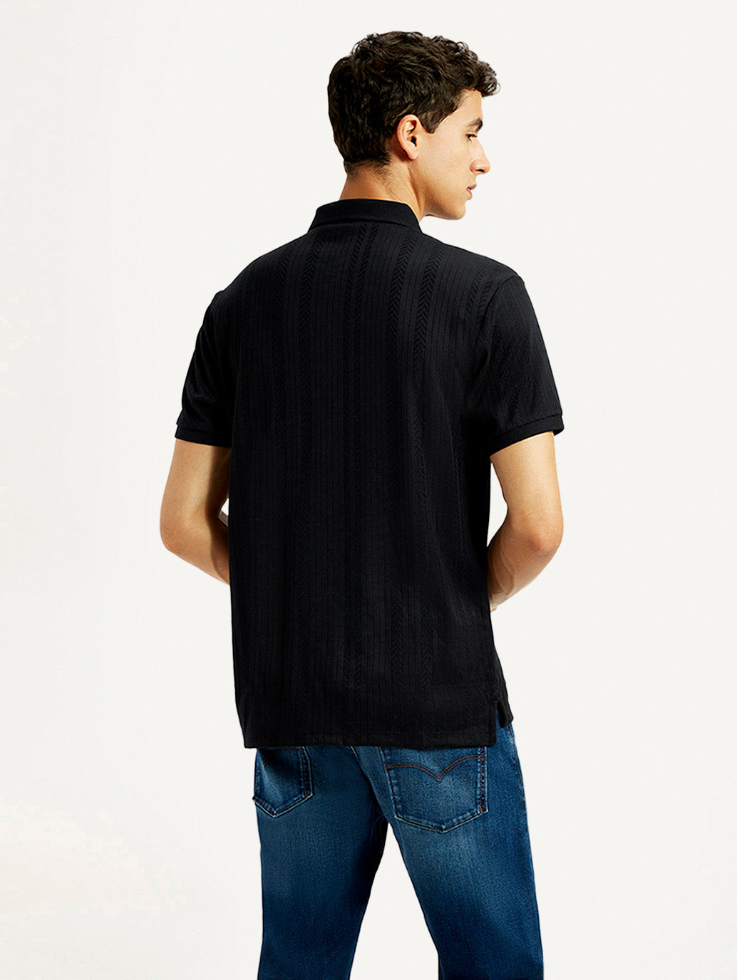 Men's Redloop Self Design Black Slim Fit Polo T-shirt