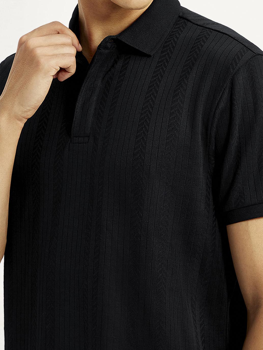 Men's Redloop Self Design Black Slim Fit Polo T-shirt