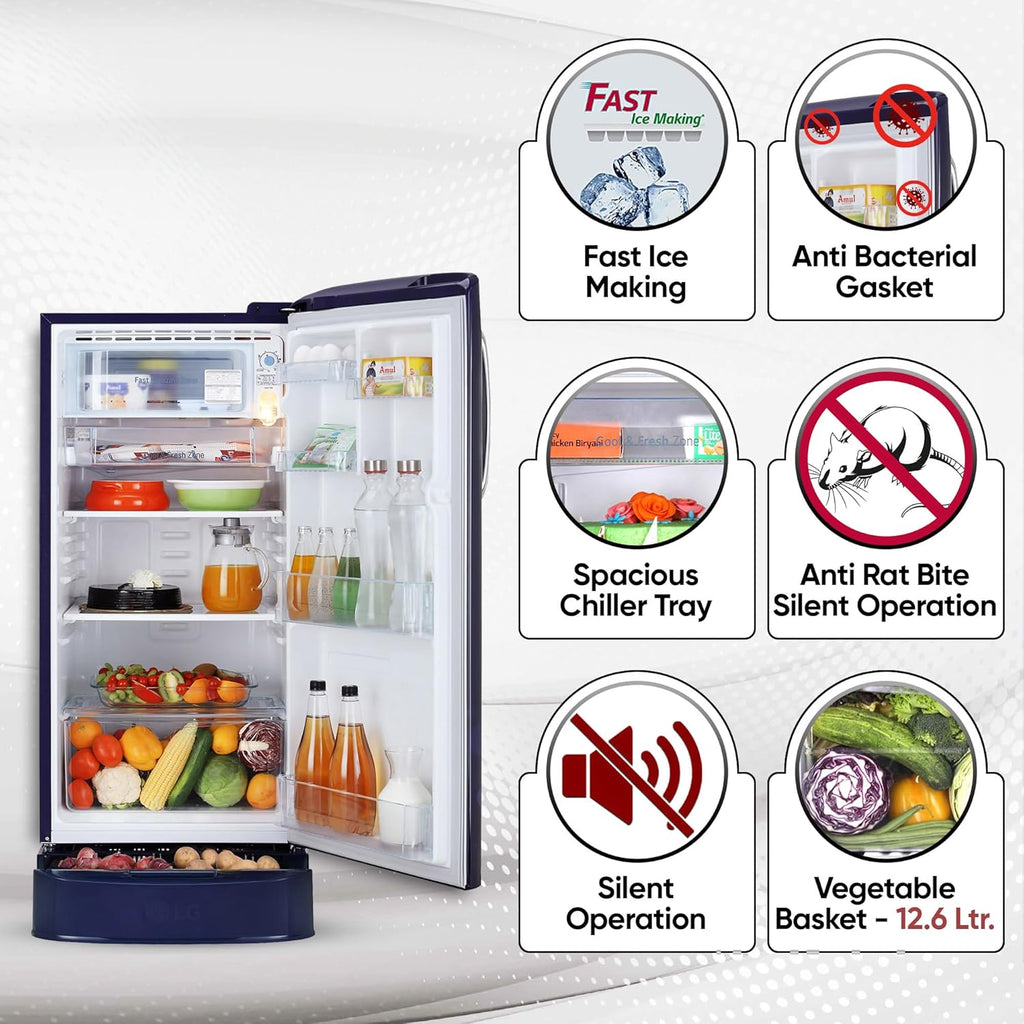 LG 185 L Direct Cool Single Door 5 Star Refrigerator with Base Drawer (Blue Ilan, GL-D201ABIU)
