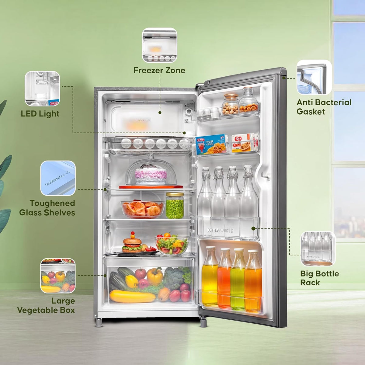 Haier 185L 2 Star Direct Cool Single Door Refrigerator | Toughened Glass Shelves | Large Veg Box | Fast Ice Making | Longer Cooling Retention | Easy Clean Back (HED-19TMS-N, Moon Silver)