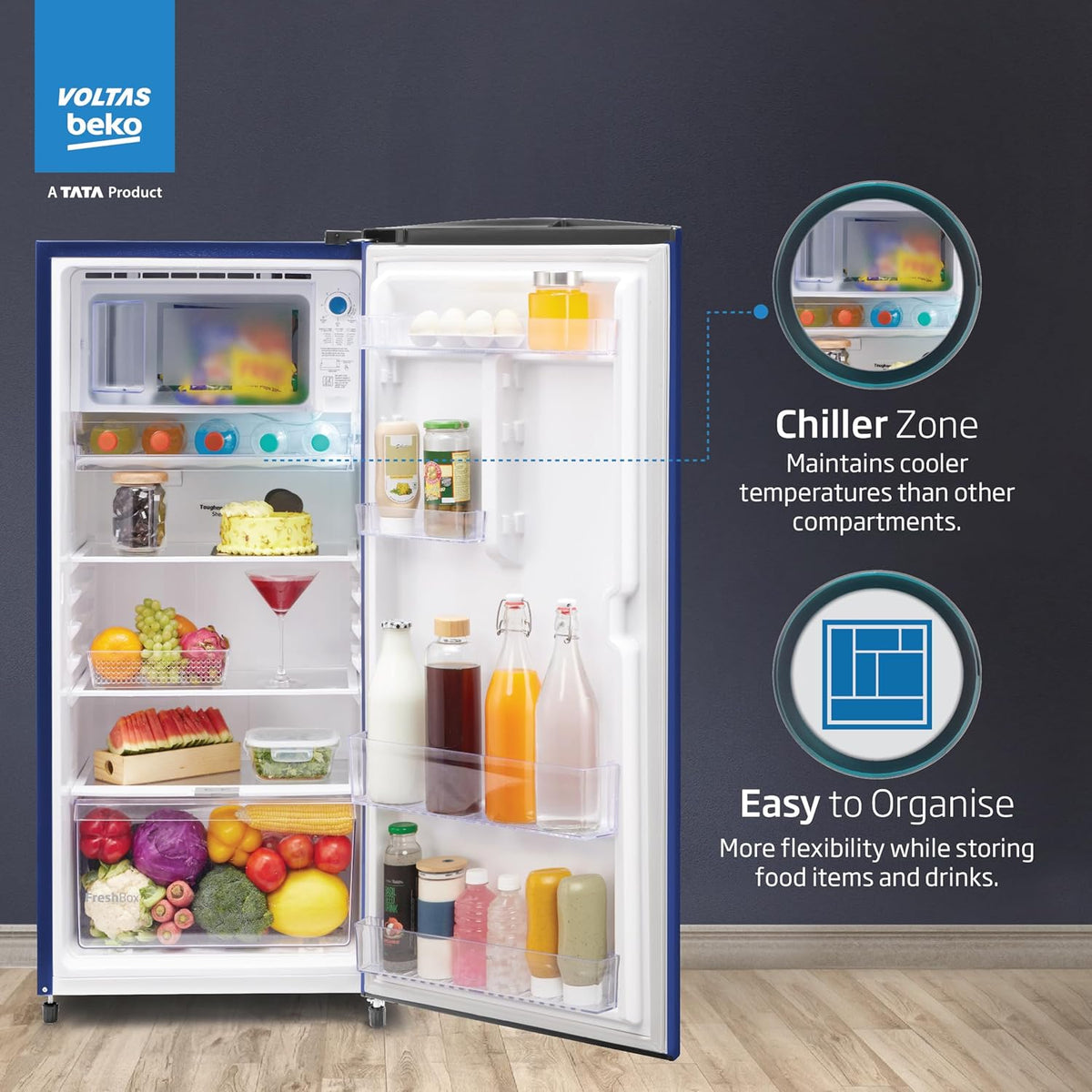 Voltas Beko, A Tata Product 183 L 2 Star Direct Cool Single Door Refrigerator (RDC215D/S0WBR0M0000GO, Hairline Blue, With Fresh Box Technology