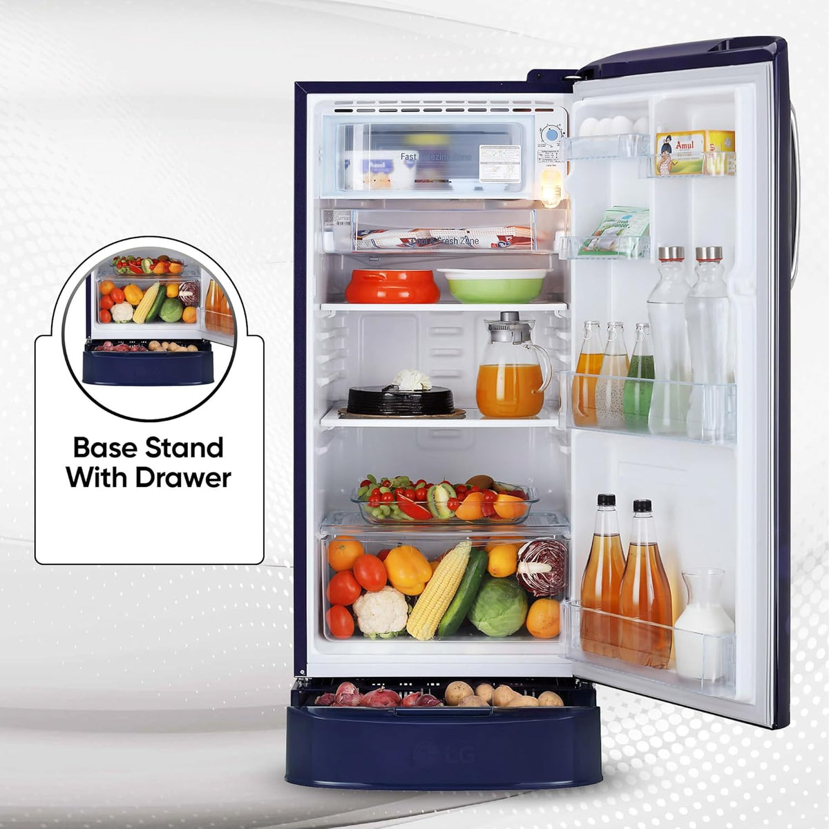 LG 185 L Direct Cool Single Door 5 Star Refrigerator with Base Drawer (Blue Ilan, GL-D201ABIU)