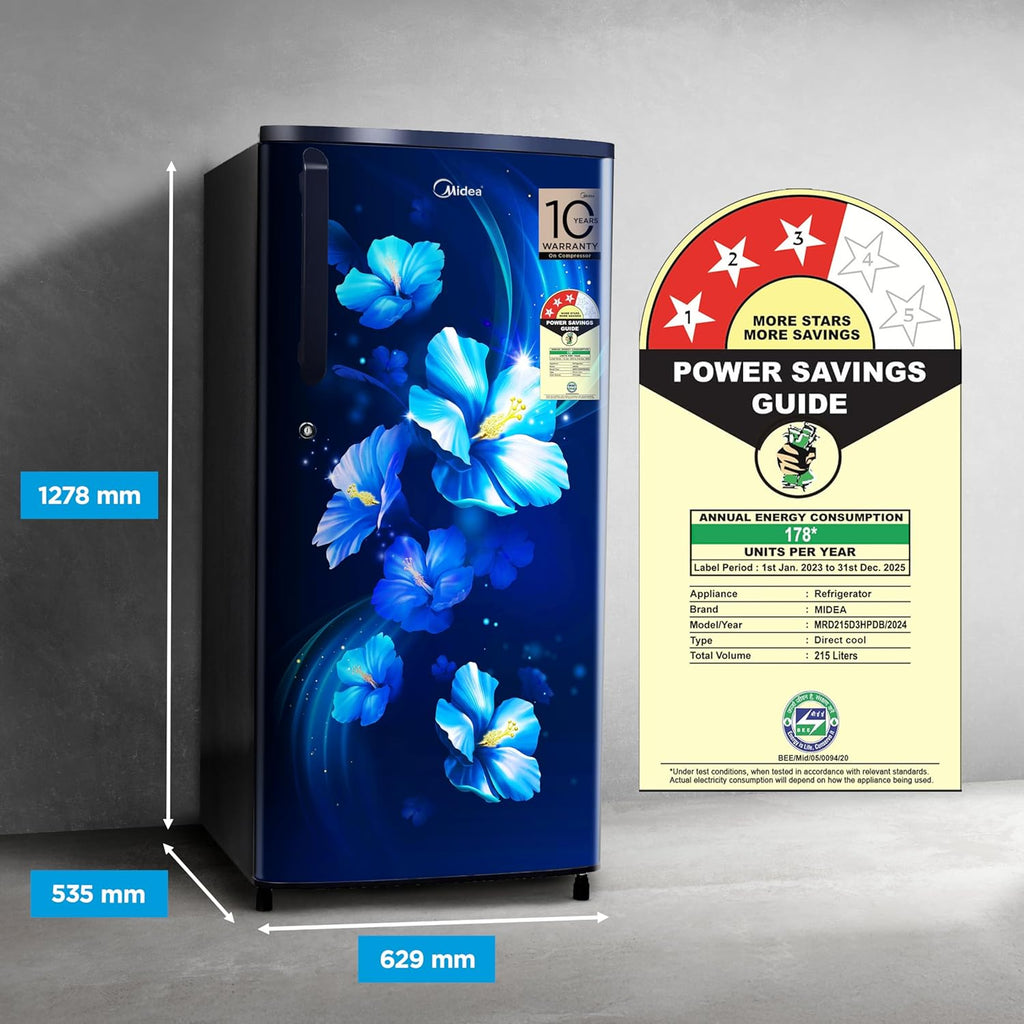 Midea 215 L 3 Star Direct Cool Refrigerator (MRD215D3HPDB, Blue, Big Flower, 2025 Model)
