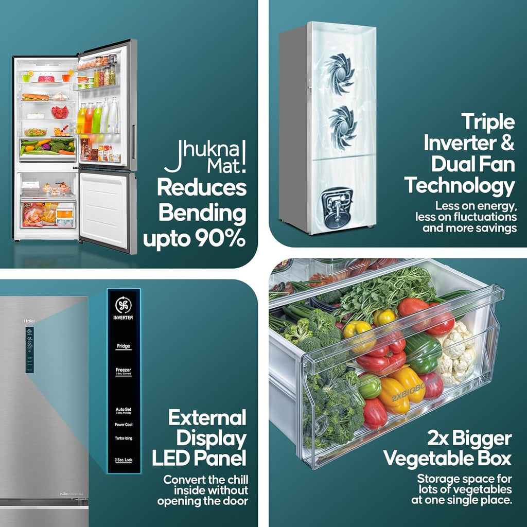 Haier 355 L, 3 Star, Convertible 14-in-1 Triple Inverter & Fan Motor Technology, with Display Frost Free, Bottom Mounted Double Door Refrigerator (HEB-363TS-P, Inox Steel)