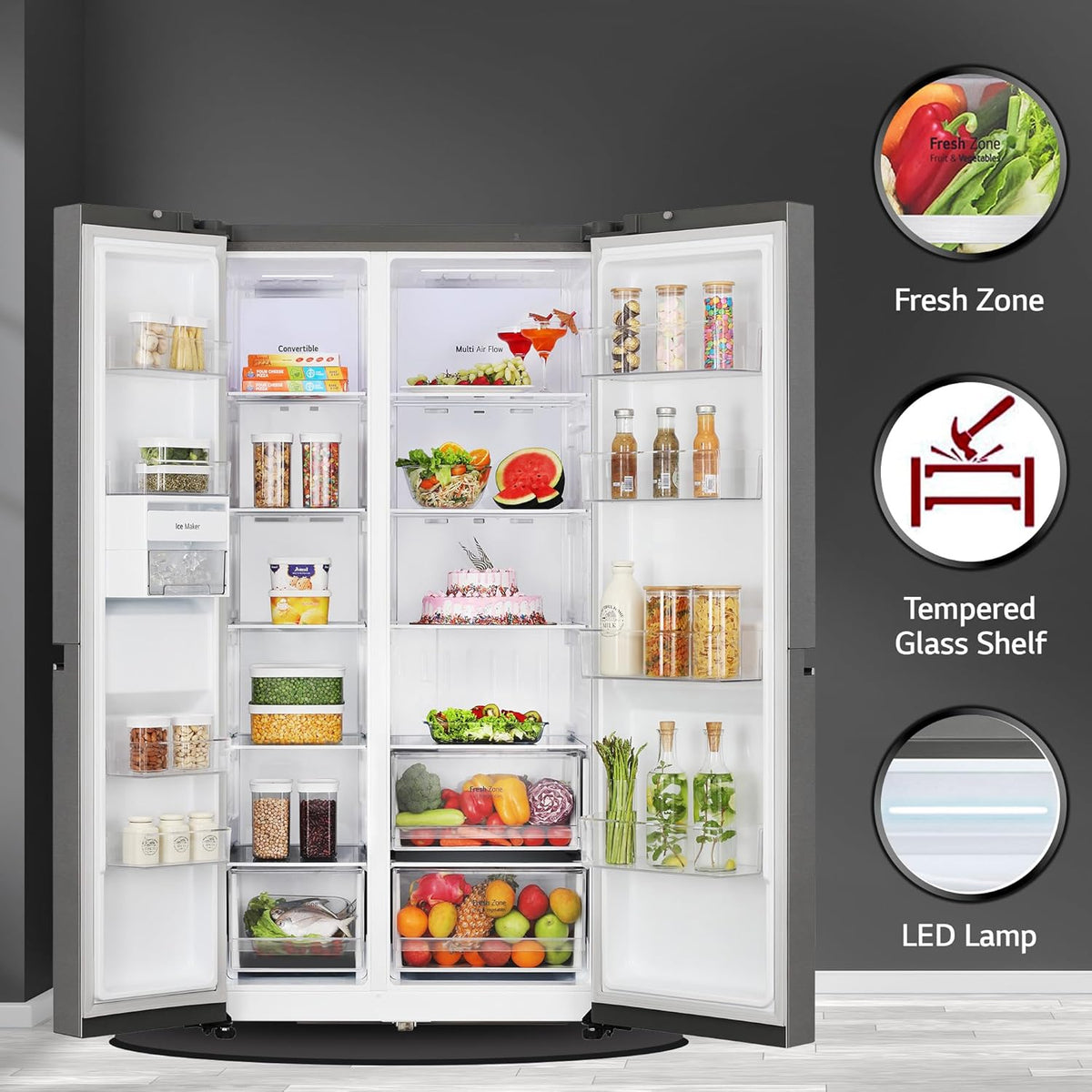LG 650 L, 3 Star, S Frost Free Double Door Side by Side Refrigerator (GL-B257HDS3, Dazzle Steel, Express Freeze)