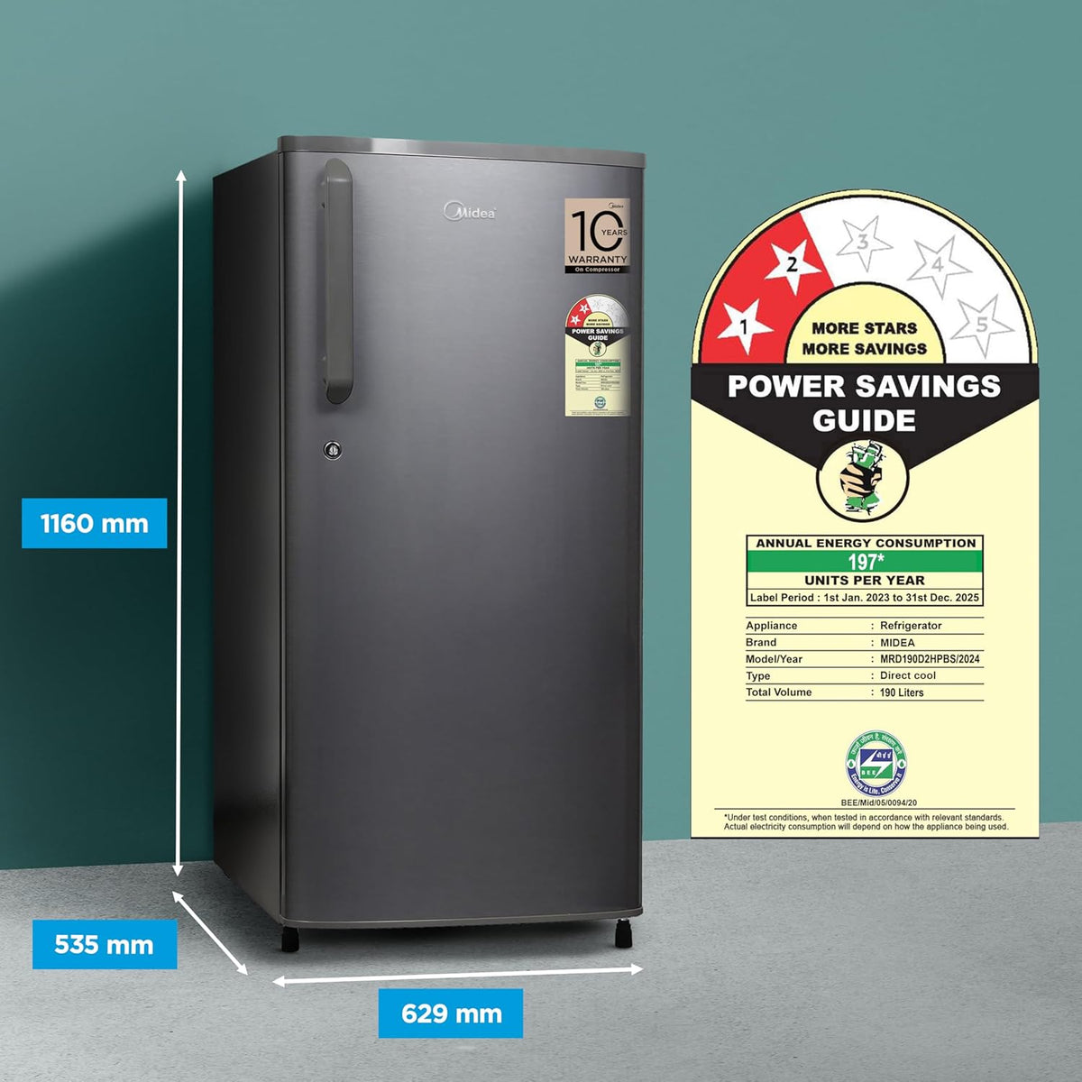 Midea, 190 L, Direct Cool Refrigerator , 2 Star, Silver, Handle MRD190D2HPBS