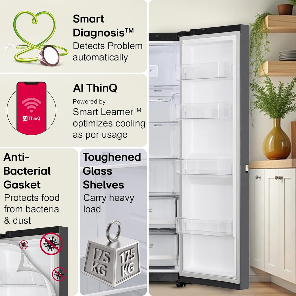 LG 630 L, 3 Star, Frost-Free, Double Door, Door Cooling+, Hygiene Fresh+, Smart Inverter, Wi-Fi Convertible Side By Side Refrigerator with AI ThinQ (GL-L257CMC3, Matt Black, Ice & Water Dispenser)