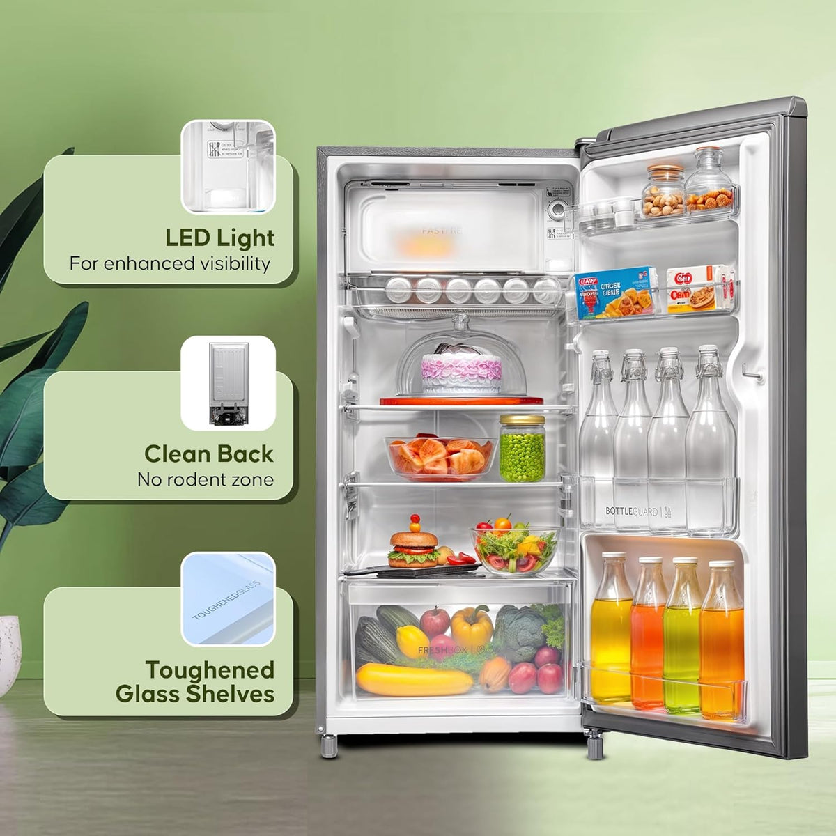 Haier 185L 2 Star Direct Cool Single Door Refrigerator | Toughened Glass Shelves | Large Veg Box | Fast Ice Making | Longer Cooling Retention | Easy Clean Back (HED-19TMS-N, Moon Silver)