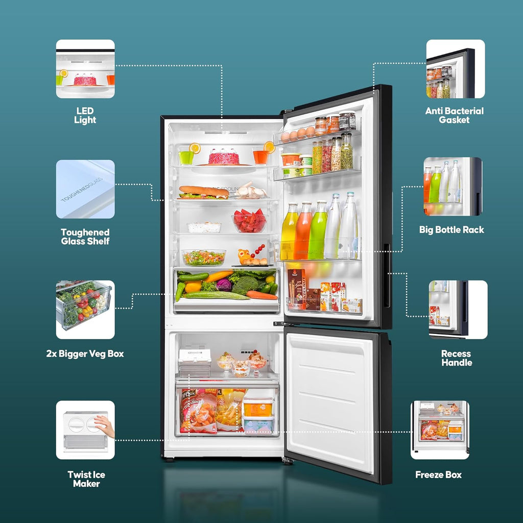 Haier 355 L, 3 Star, Convertible 14-in-1, Triple Inverter & Fan Motor Technology, Bottom Mounted Double Door Refrigerator (HEB-363MB-P, Graphite Black,)