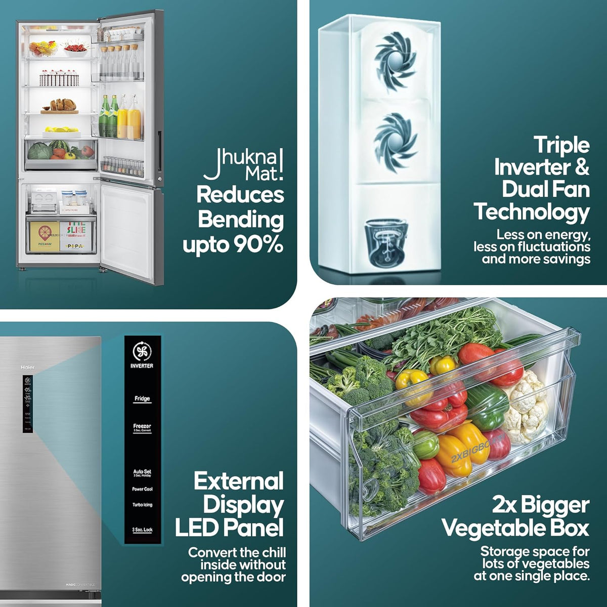 Haier 325 L 3 Star Frost Free Bottom Mount Double Door Refrigerator|Convertible 14-in-1|Jhukna Mat-Bottom Freezer (HEB-333DS-P, Dazzle Steel)