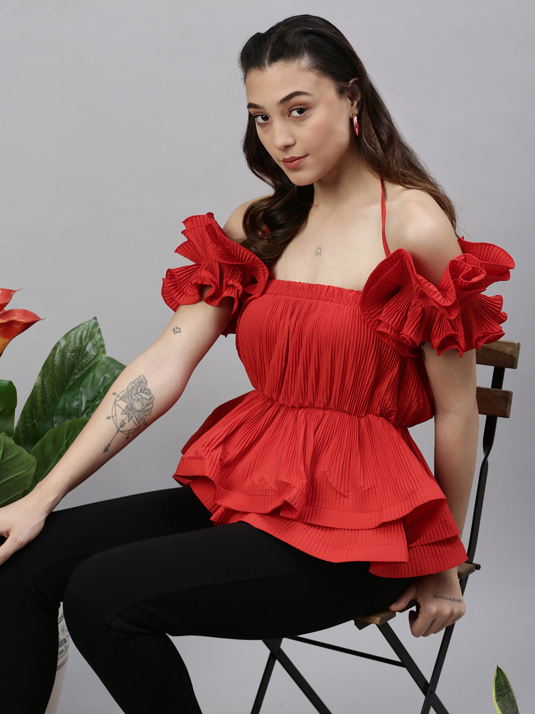 Women's Red Solid Lace Frills Bows and Ruffles Shoulder Straps Synthetic Crepe Top