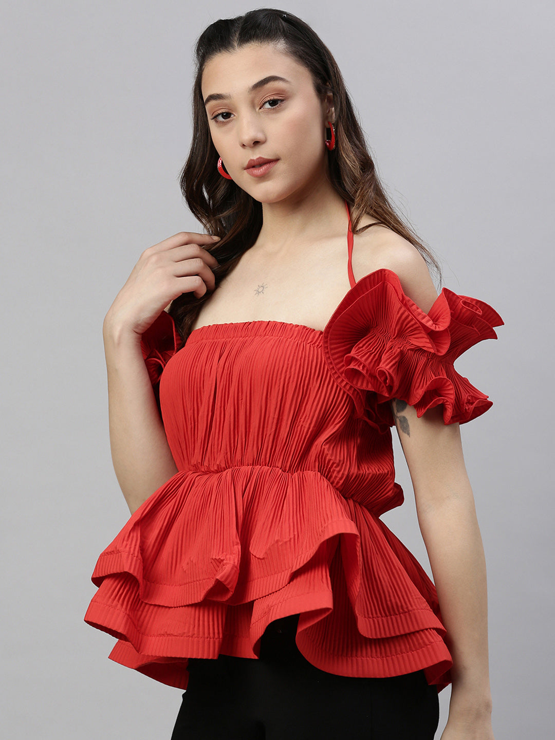 Women's Red Solid Lace Frills Bows and Ruffles Shoulder Straps Synthetic Crepe Top