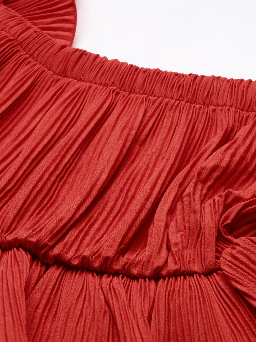 Women's Red Solid Lace Frills Bows and Ruffles Shoulder Straps Synthetic Crepe Top