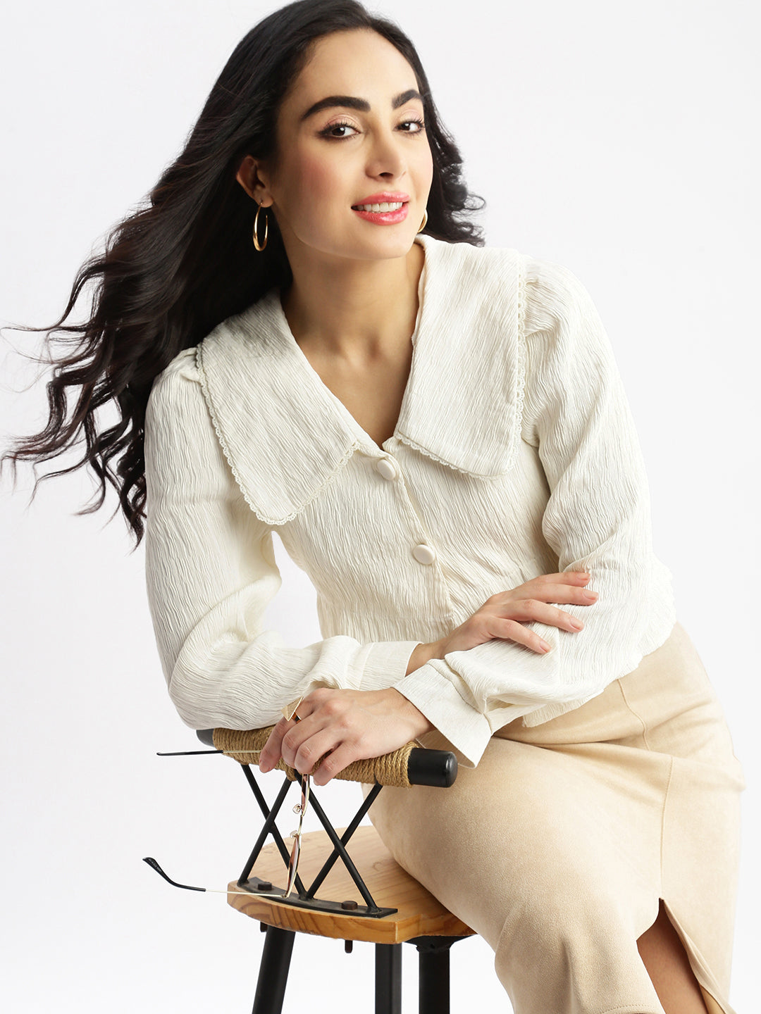 Women's Cream Horizontal Striped Knits Round Neck Acrylic Top