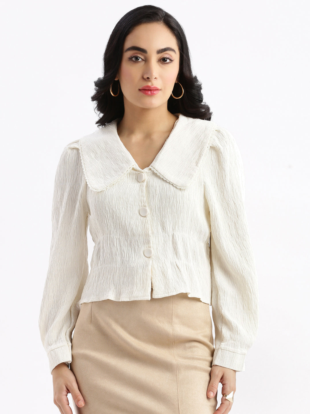 Women's Cream Horizontal Striped Knits Round Neck Acrylic Top