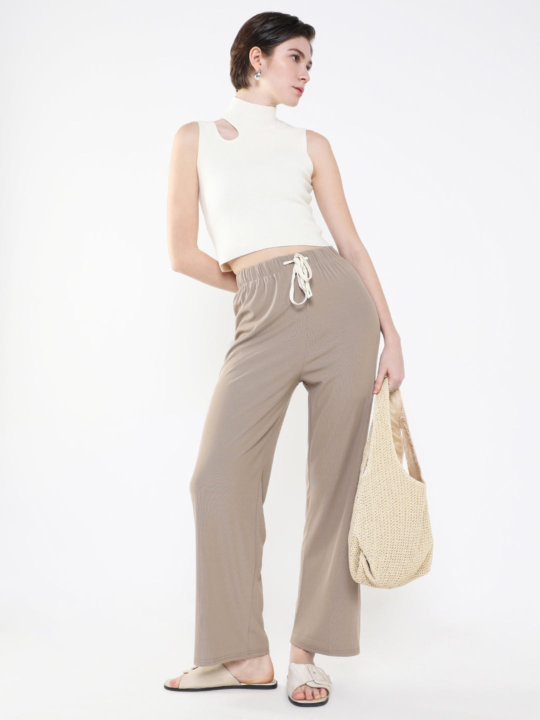 Women's Beige Comfort Slim Fit Trousers