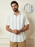 Textured Short Sleeve Striped Shirt  | Off White
