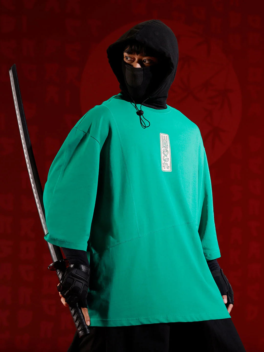 Oversize 3/4 sleeve tshirt with vertical label print detail | Green