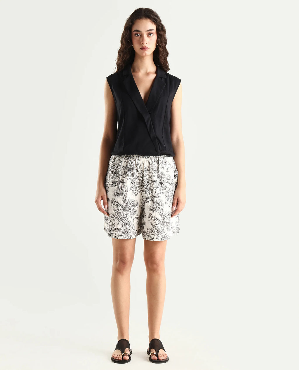 Rareism Women's Lorainet Off White Cotton Floral Print Mini Relaxed Fit Shorts