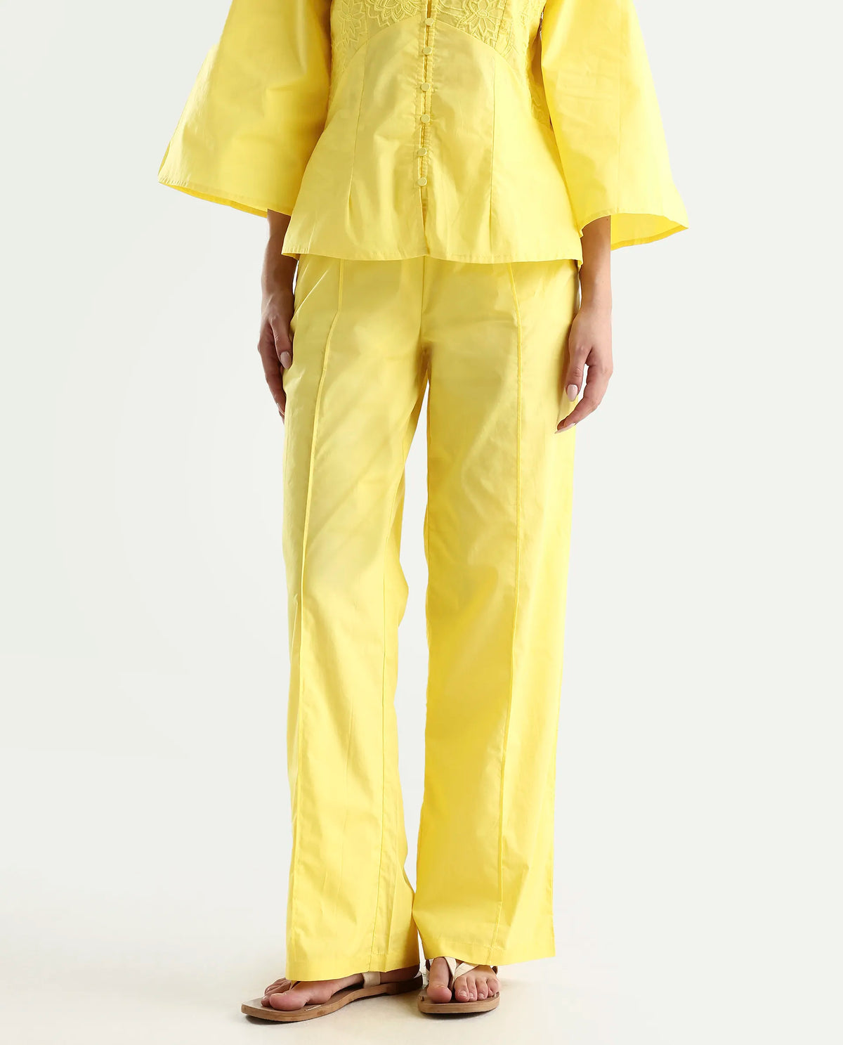 Rareism Women's Badgle-B Pastel Yellow Cotton Plain Ankle Length Straight Fit Trouser