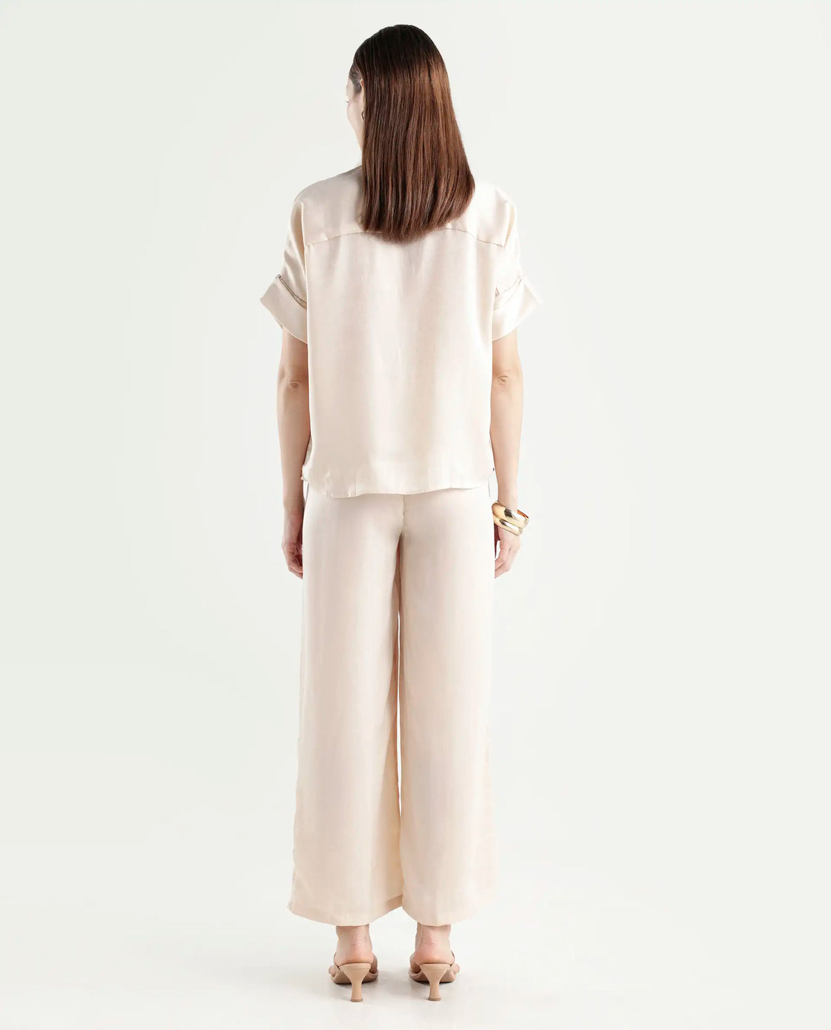Rareism Women's Yamato-B Light Beige Satin Plain Ankle Length Wide Trouser