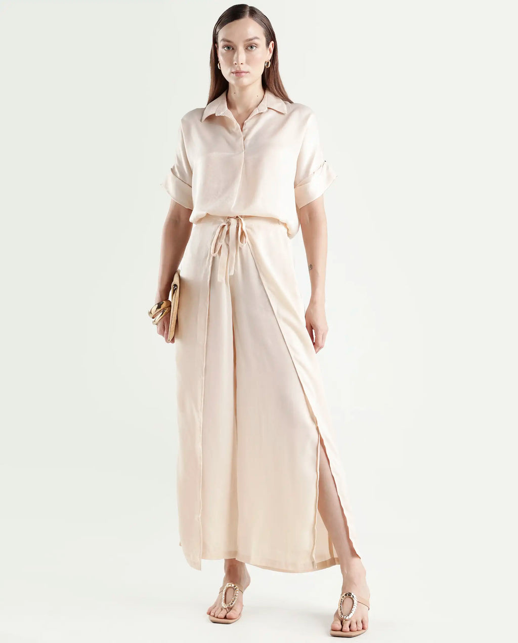 Rareism Women's Yamato-B Light Beige Satin Plain Ankle Length Wide Trouser
