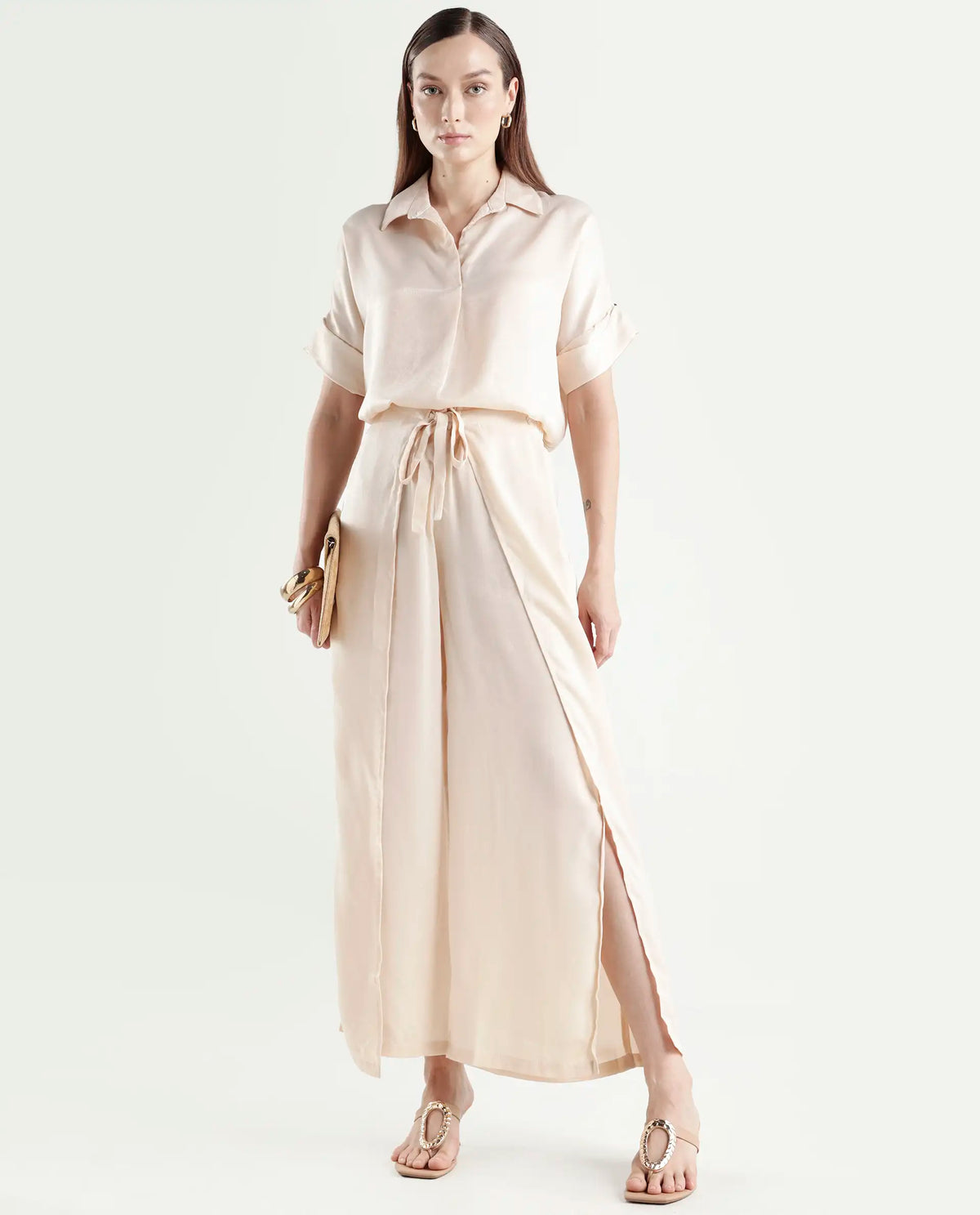 Rareism Women's Yamato-B Light Beige Satin Plain Ankle Length Wide Trouser
