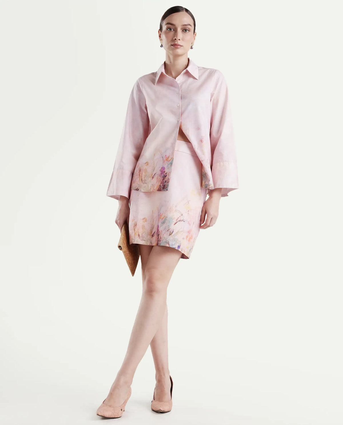 Rareism Women's Loko-B-Pink Cotton Abstract Print Mini Regular Fit Skirt