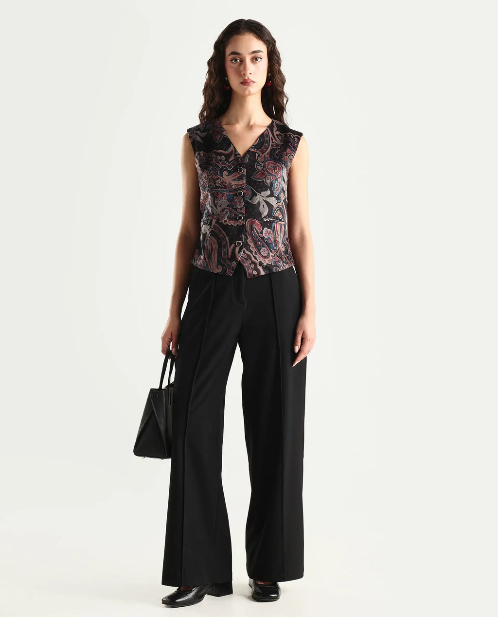 Rareism Women's Remen Multi Velvet V-Neck Paisley Print Sleeveless Regular Fitted Waist Coat