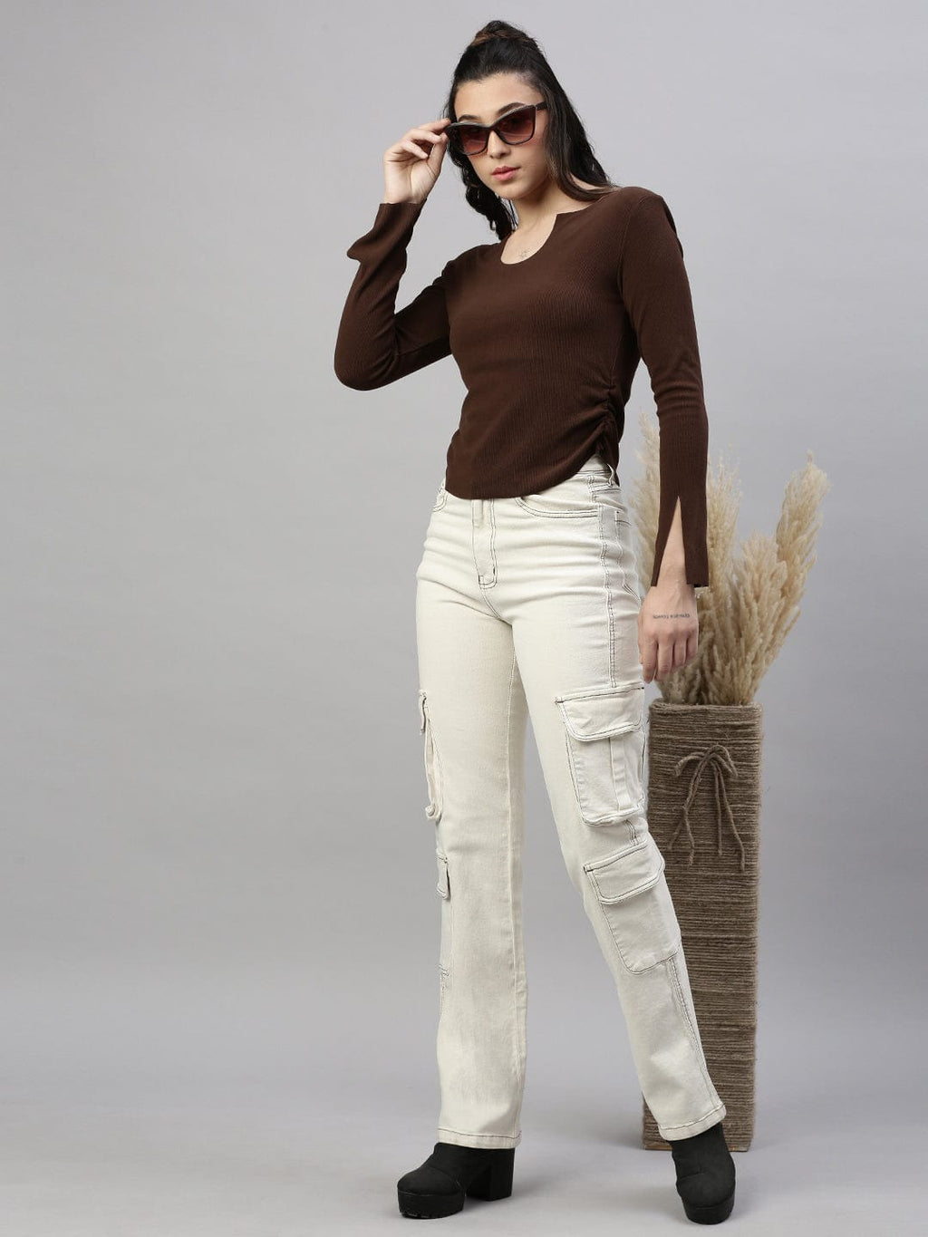 Women's Brown Solid Ruched Round Neck Acrylic Top