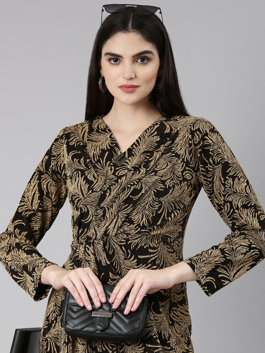 Women's Gold Tropical Printed V-Neck Puff Sleeves Gathered Detail Velvet Mini Wrap Dress