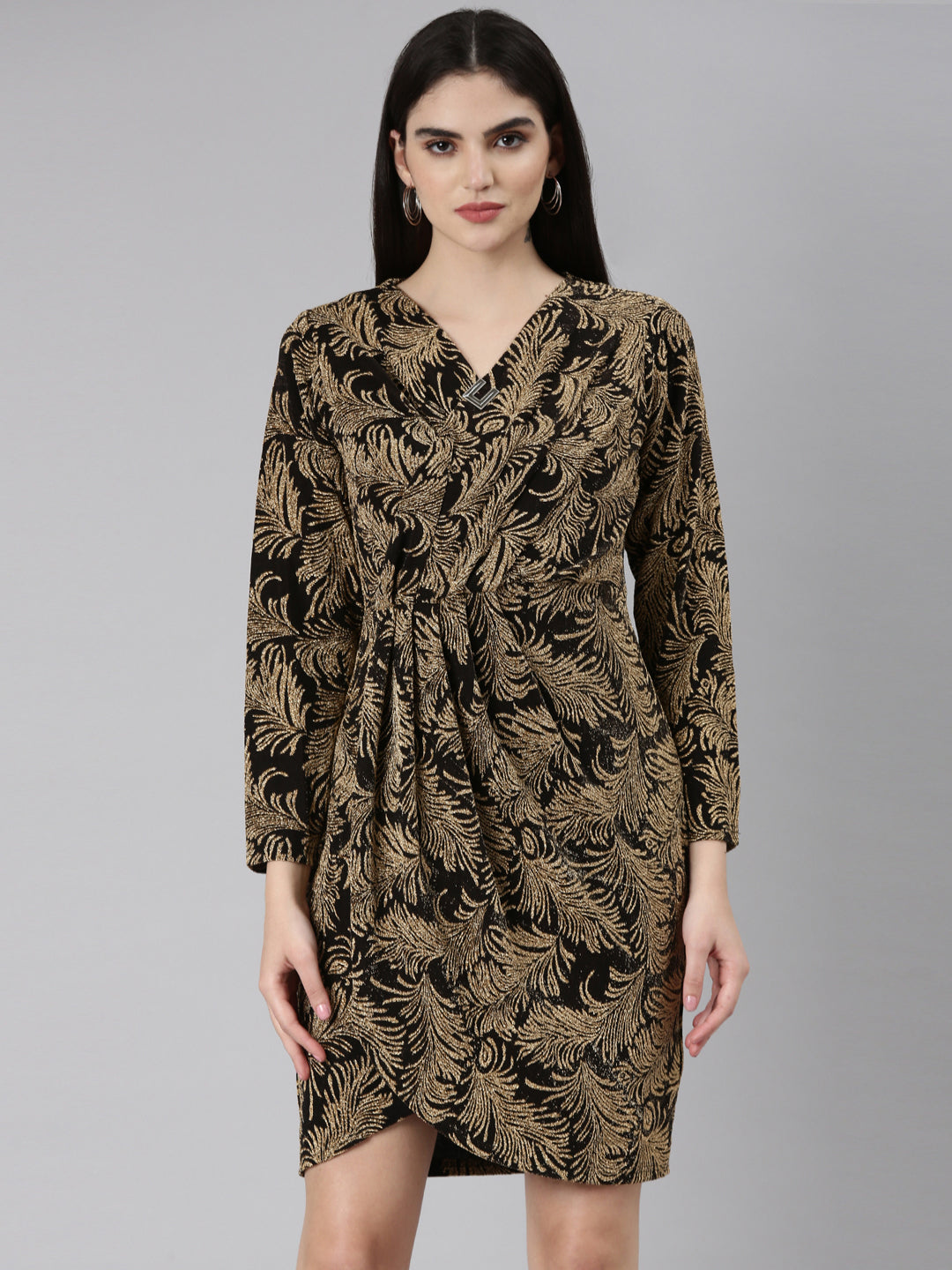 Women's Gold Tropical Printed V-Neck Puff Sleeves Gathered Detail Velvet Mini Wrap Dress
