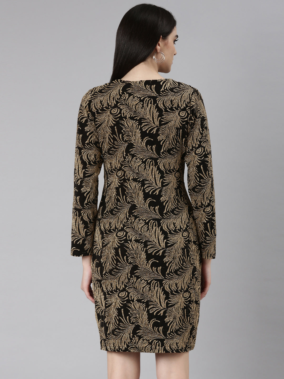 Women's Gold Tropical Printed V-Neck Puff Sleeves Gathered Detail Velvet Mini Wrap Dress