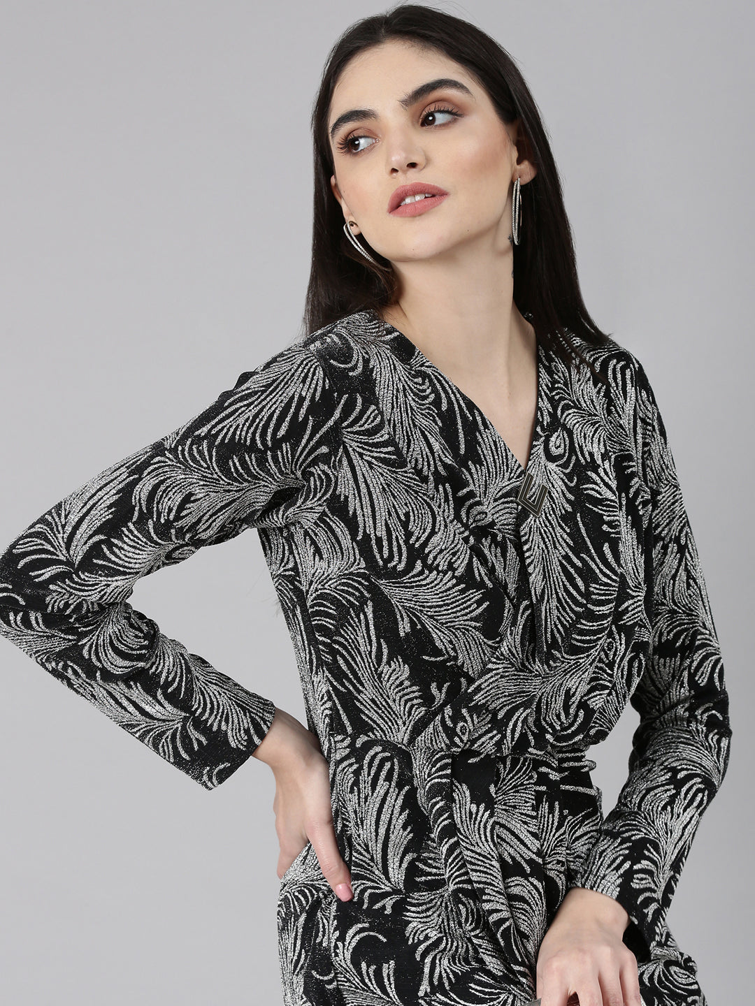 Women's Silver Floral Printed Velvet Wrap Dress