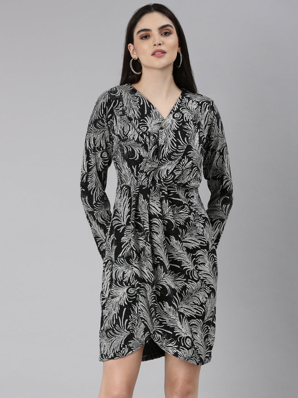 Women's Silver Floral Printed Velvet Wrap Dress
