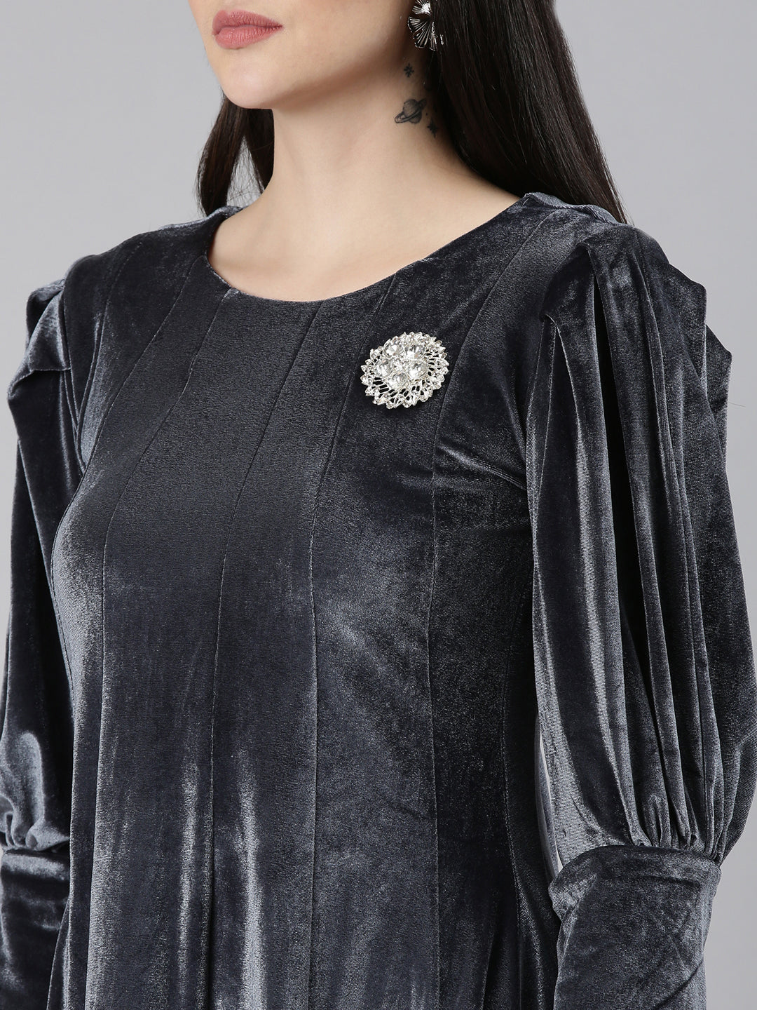 Women's Grey Cuffed Sleeves A-Line Dress