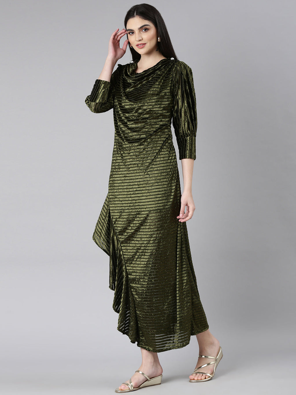 Women's Olive Cowl Neck Velvet Blouson Midi Dress