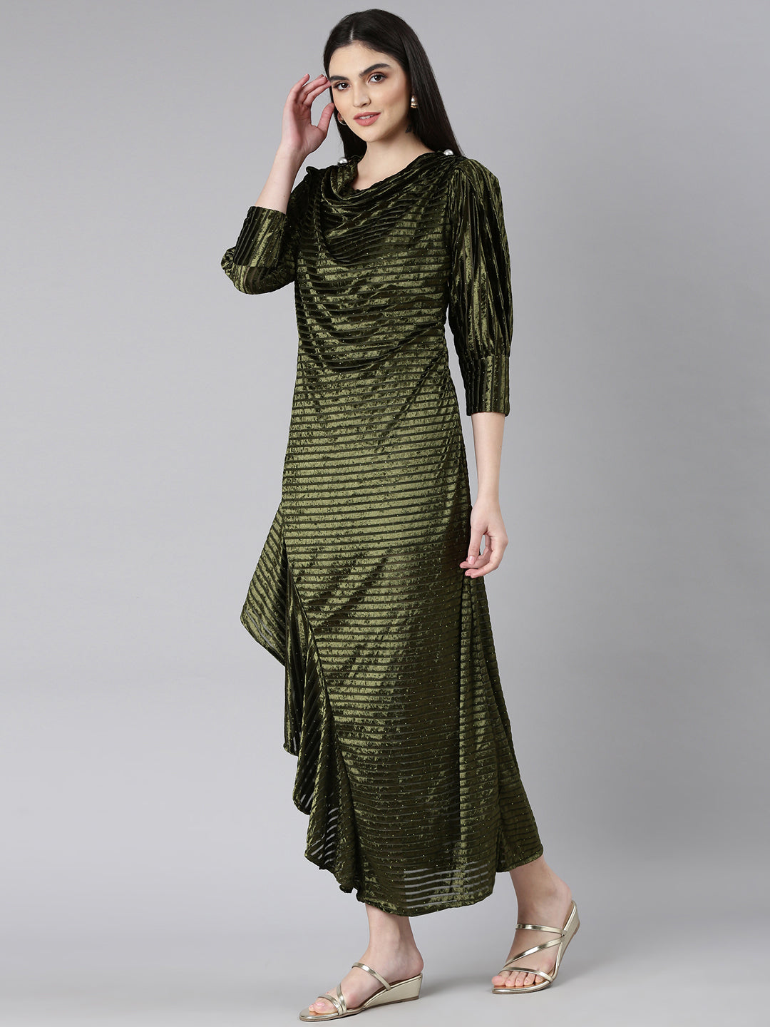 Women's Olive Cowl Neck Velvet Blouson Midi Dress