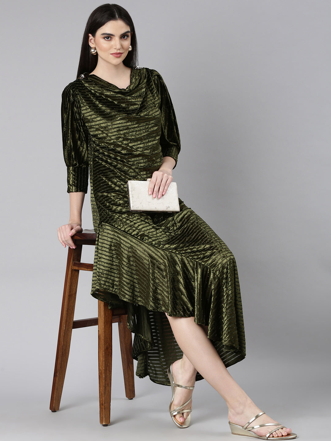 Women's Olive Cowl Neck Velvet Blouson Midi Dress