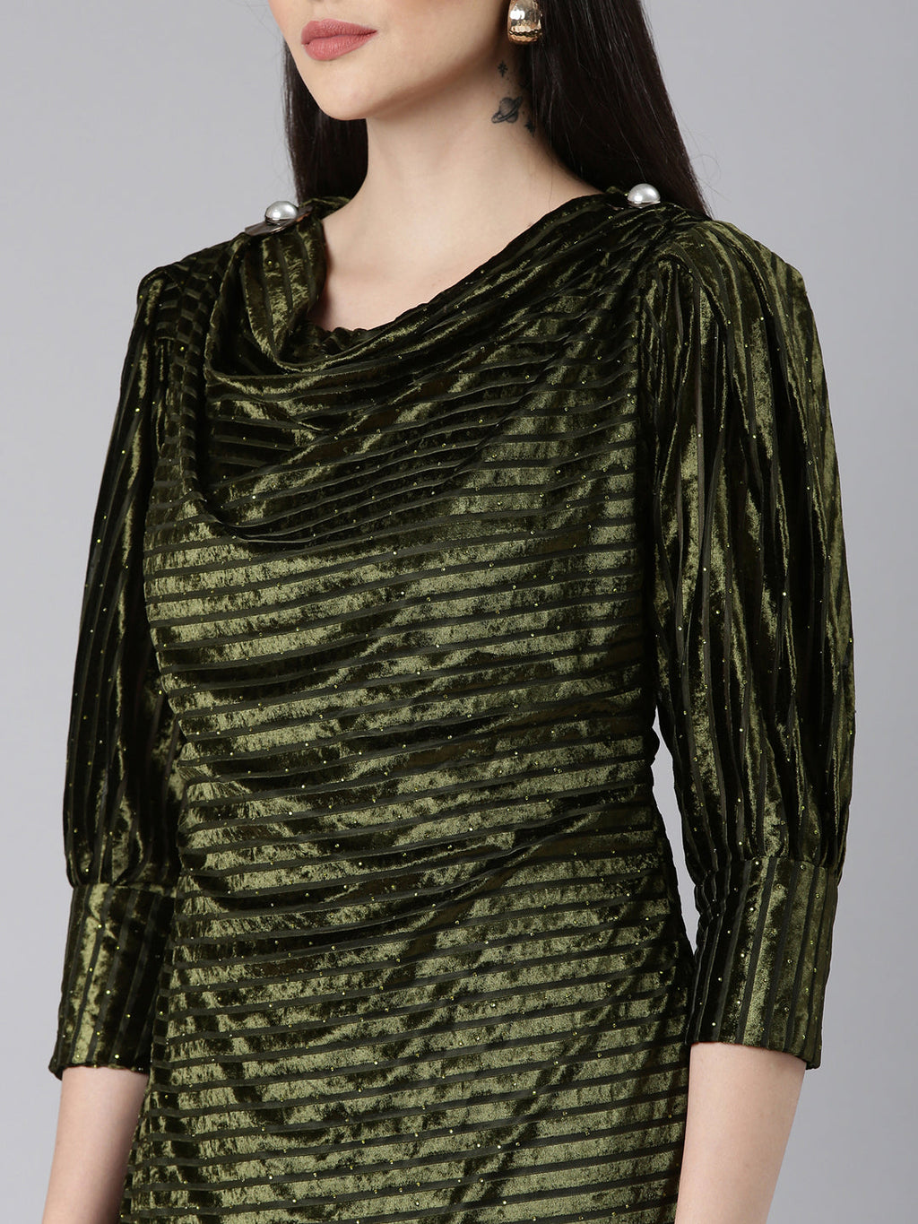 Women's Olive Cowl Neck Velvet Blouson Midi Dress