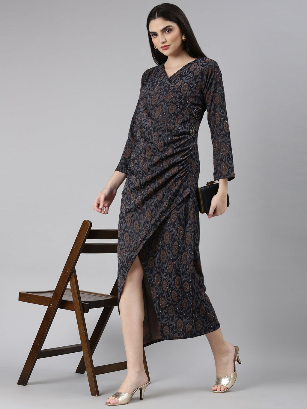 Women's Navy Blue Ethnic Motifs Print Bell Sleeves Dress